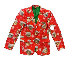 Dec 25th Blazer Mens S Small Red Christmas Holiday Kitty Cat 2-Button Ugly Funny